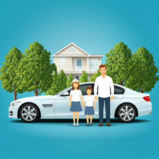 Illustration of a family standing beside a car in front of a house