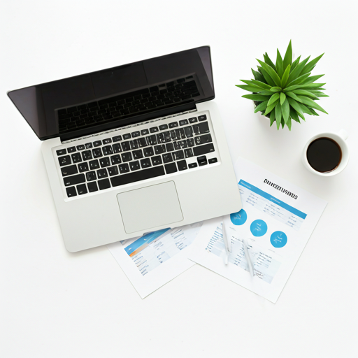 A laptop, printed reports, and a cup of coffee on a desk