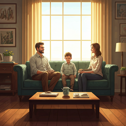 Illustration of a family sitting together in a sunlit living room